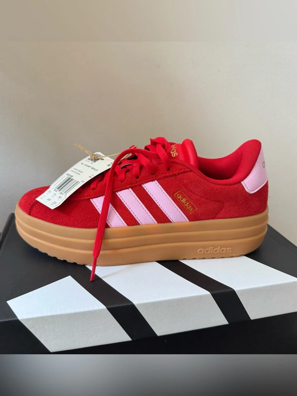 adidas Red Platform Sneakers with Pink Stripes and Gum Sole new size 7
